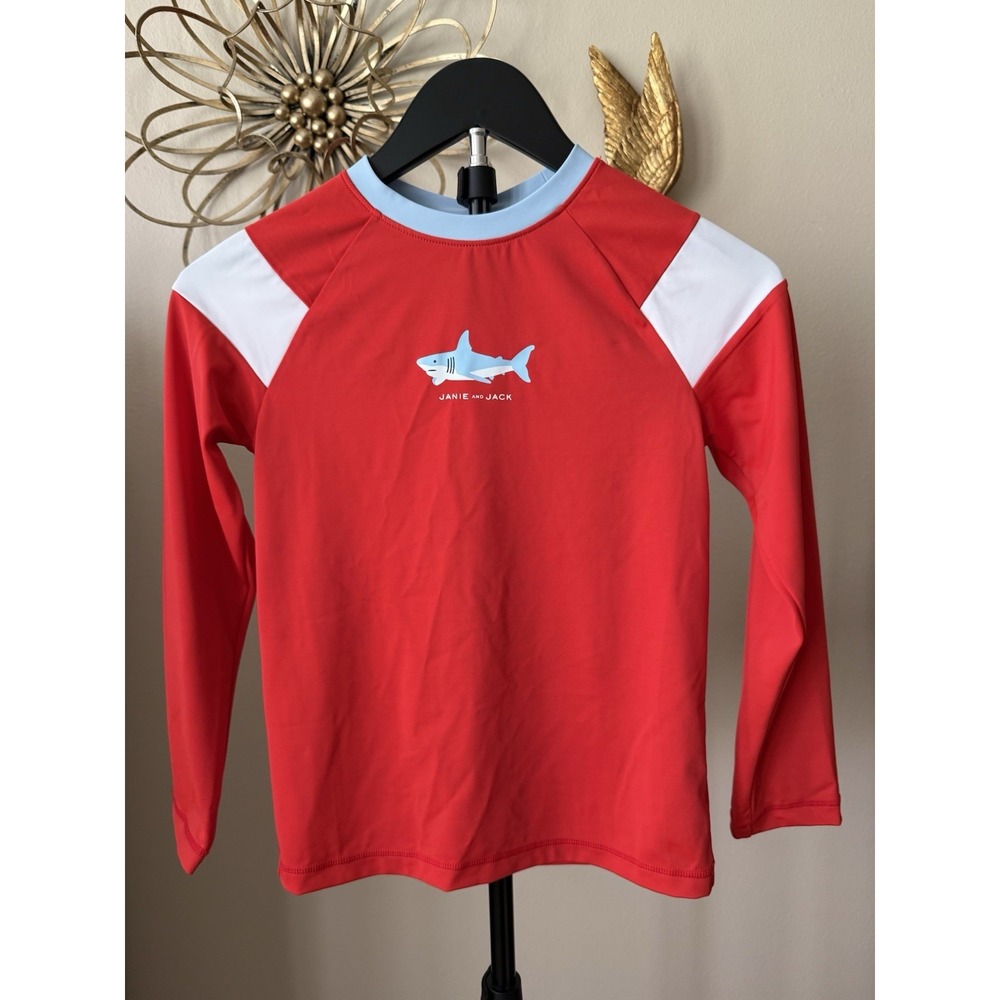 Janie and Jack Boys 7 Shark Rash Guard Red Long Sleeve UPF 50 Swim Shirt